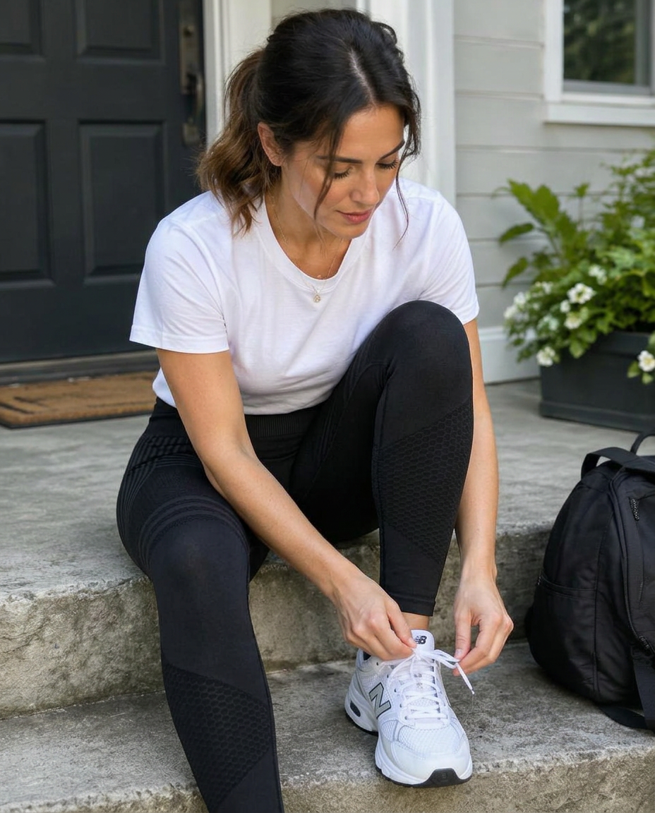 Woman tying her trainers on her front steps wearing CELLUTIX Triform leggings